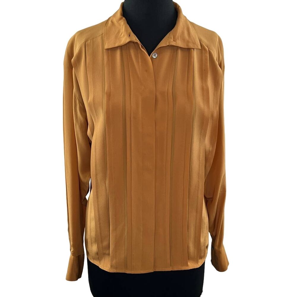 VINTAGE Linda Allard ELLEN TRACY Silk Gold Brown Pleated Long Sleeve Shirt 4 VTG
